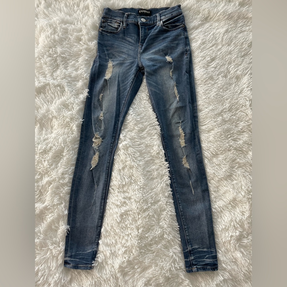 Express Women's Distressed Skinny Jeans - Dark Blue